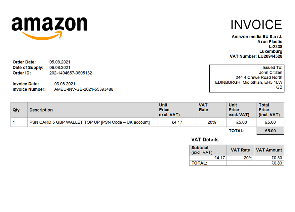 United Kingdom Amazon American multinational technology company invoice PSD template